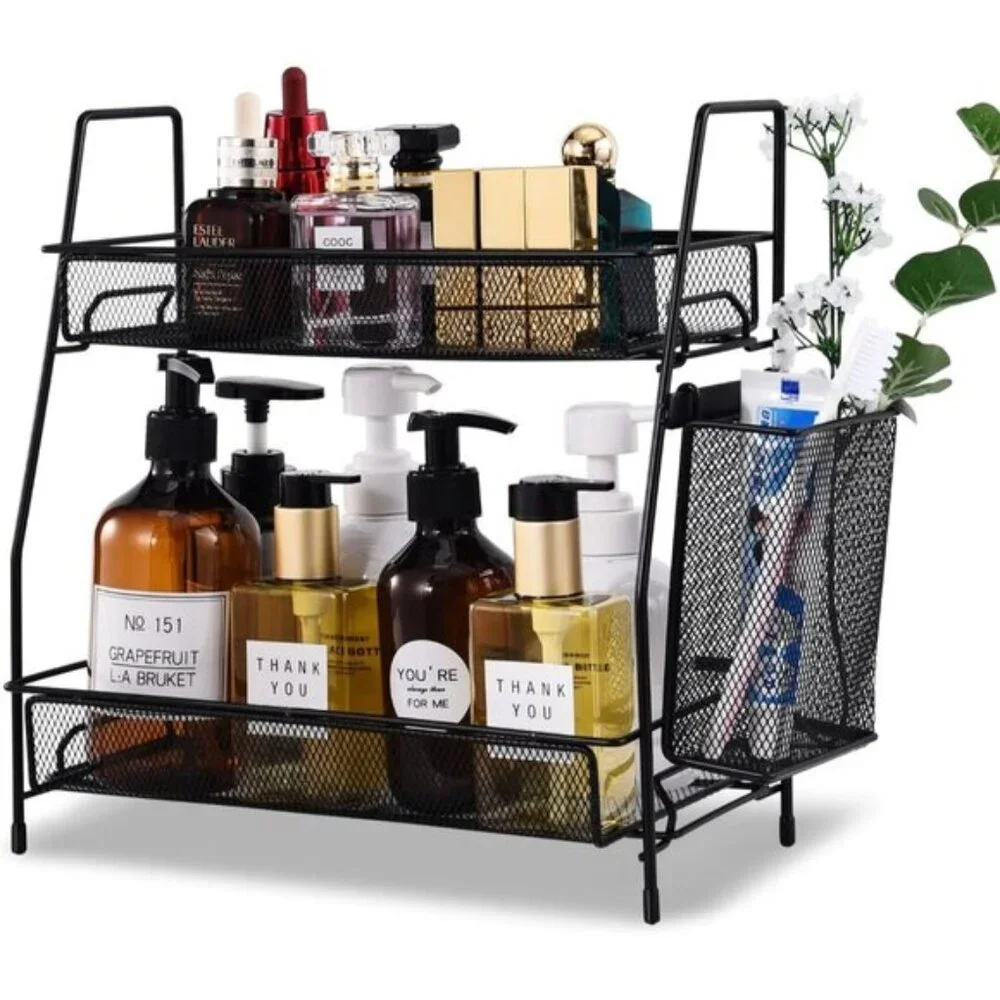 New Black Countertop Organizer, Bathroom, Bedroom & Kitchen Shelf with Basket